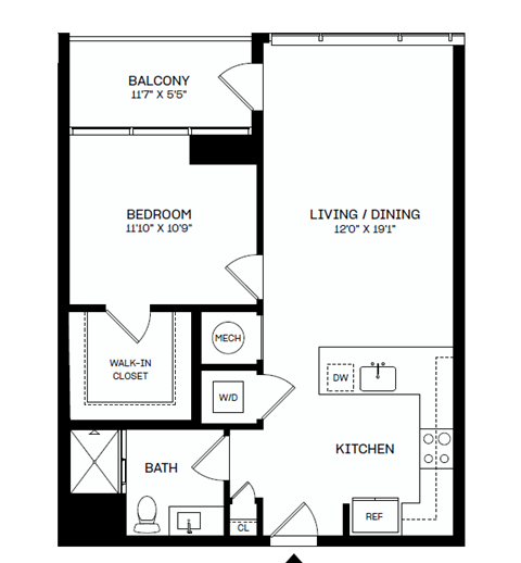 A black and white image of a floor plan for a home with a balcony, bedroom, living/dining area, kitchen, bathroom, and walk-in closet.